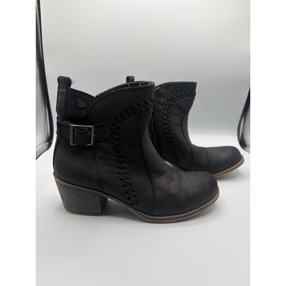 Roxy Black Braided Whipstitch Ankle Boots Buckle Block Heel Womens 6 Zip Up
